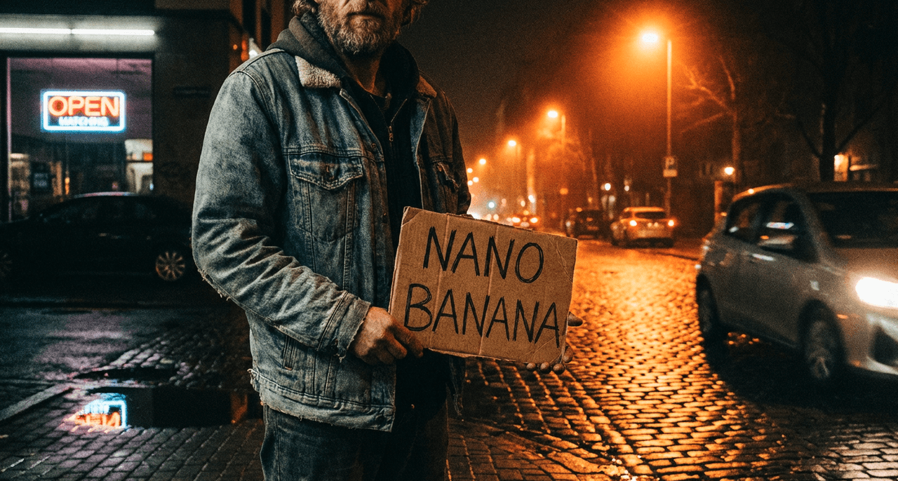 Gritty film-noir style portrait of a homeless man with "NANO BANANA" cardboard sign at night, wet street reflections, warm sodium streetlights, and atmospheric fog.