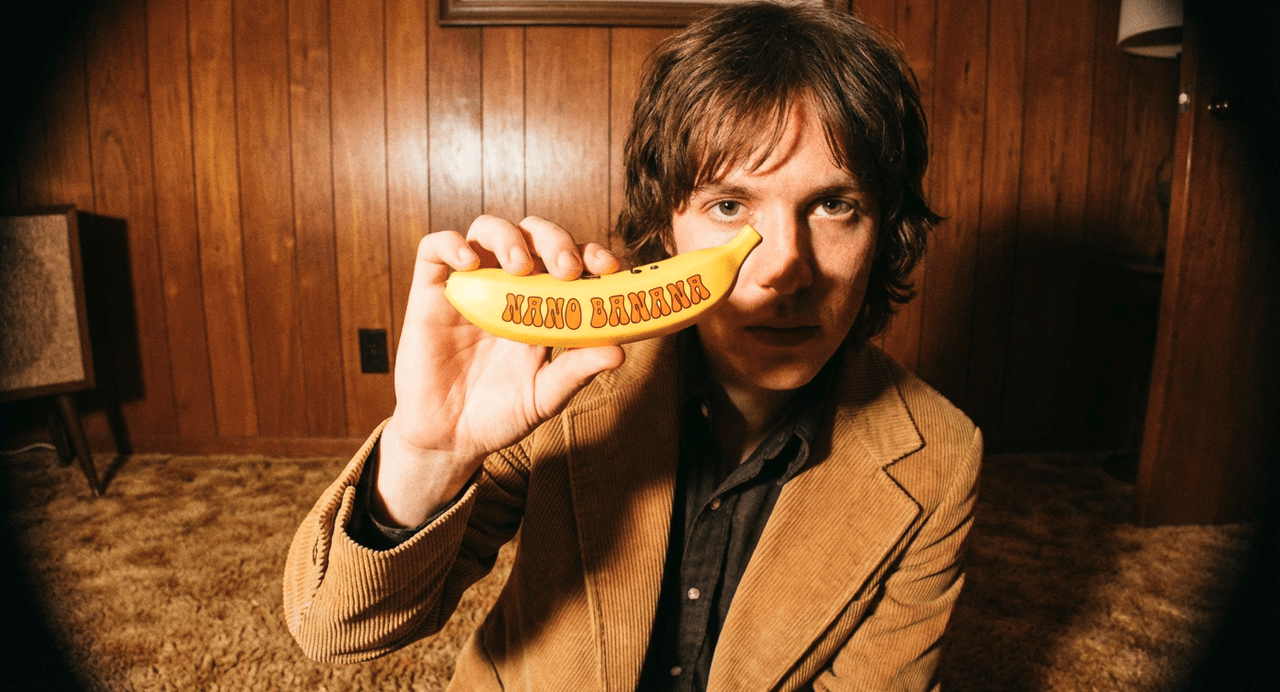 Retro 1970s-style portrait of a man in brown corduroy suit holding a yellow "NANO BANANA" toy banana to his face, warm wood-paneled room with dramatic spotlighting.
