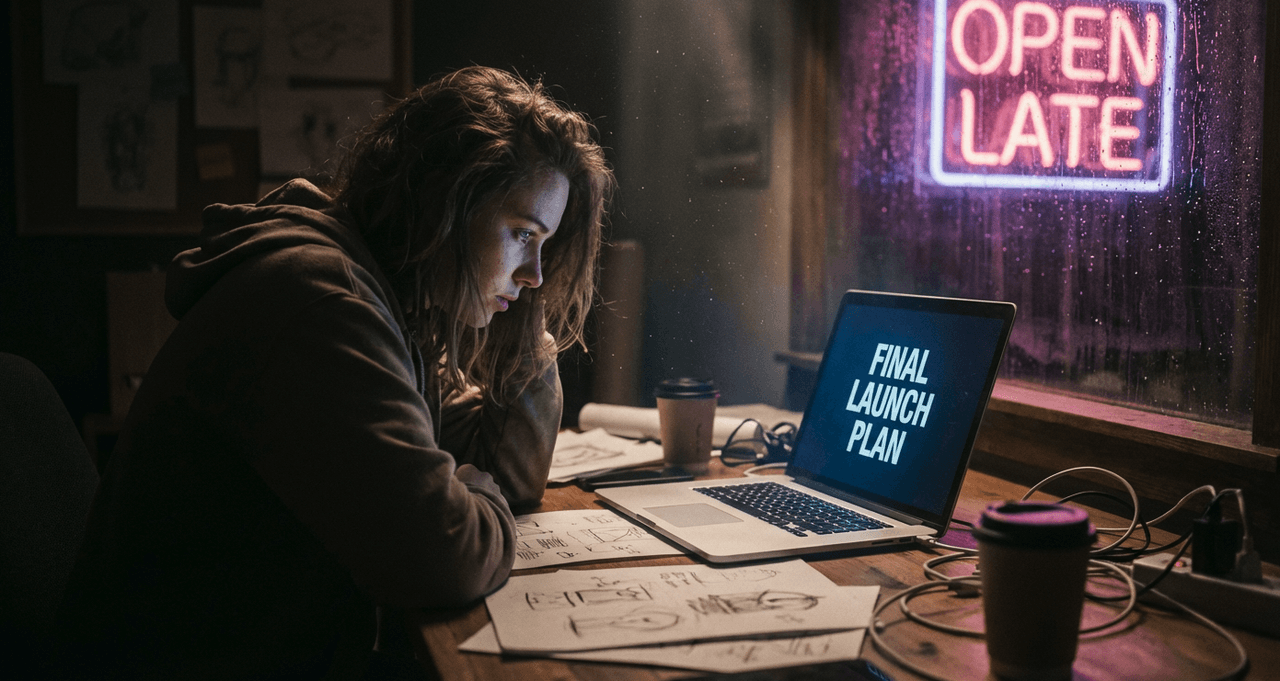 Stressed entrepreneur finalizing launch plan on laptop in late-night cafe with neon open sign.