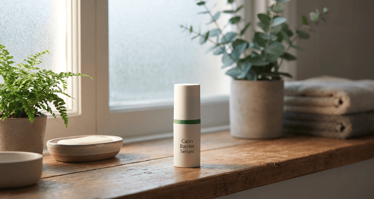 Calm Barrier Serum bottle in minimalist bathroom setting with natural light, plants and cozy aesthetic