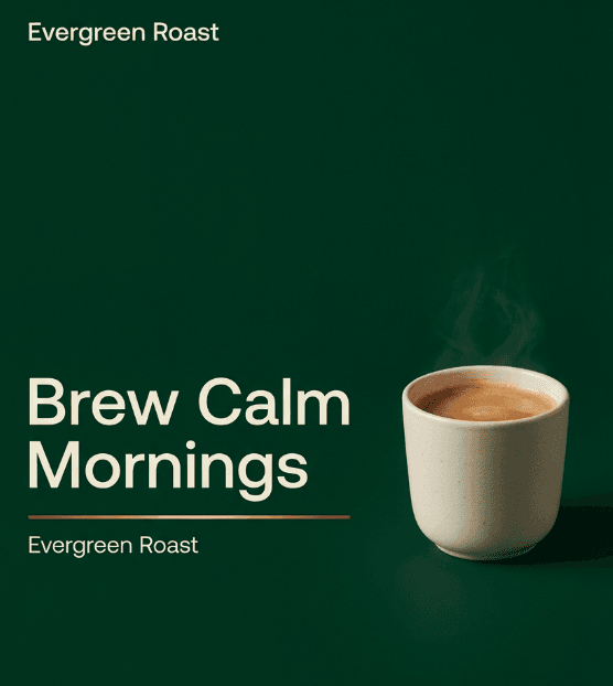 Brew Calm Mornings text with coffee cup on dark green background, Evergreen Roast marketing banner