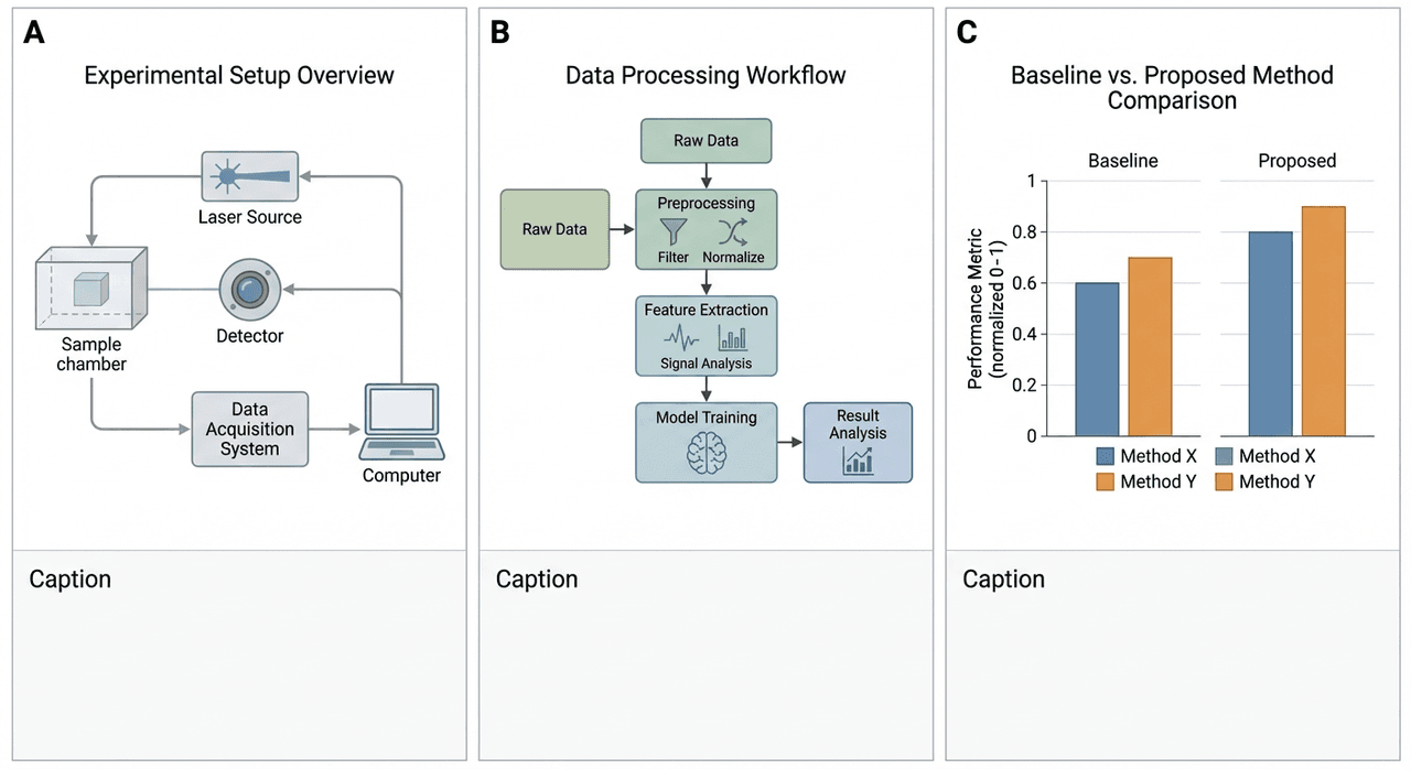 Figure A: Experimental laser setup overview; Figure B: Data processing workflow; Figure C: Baseline vs proposed method performance comparison