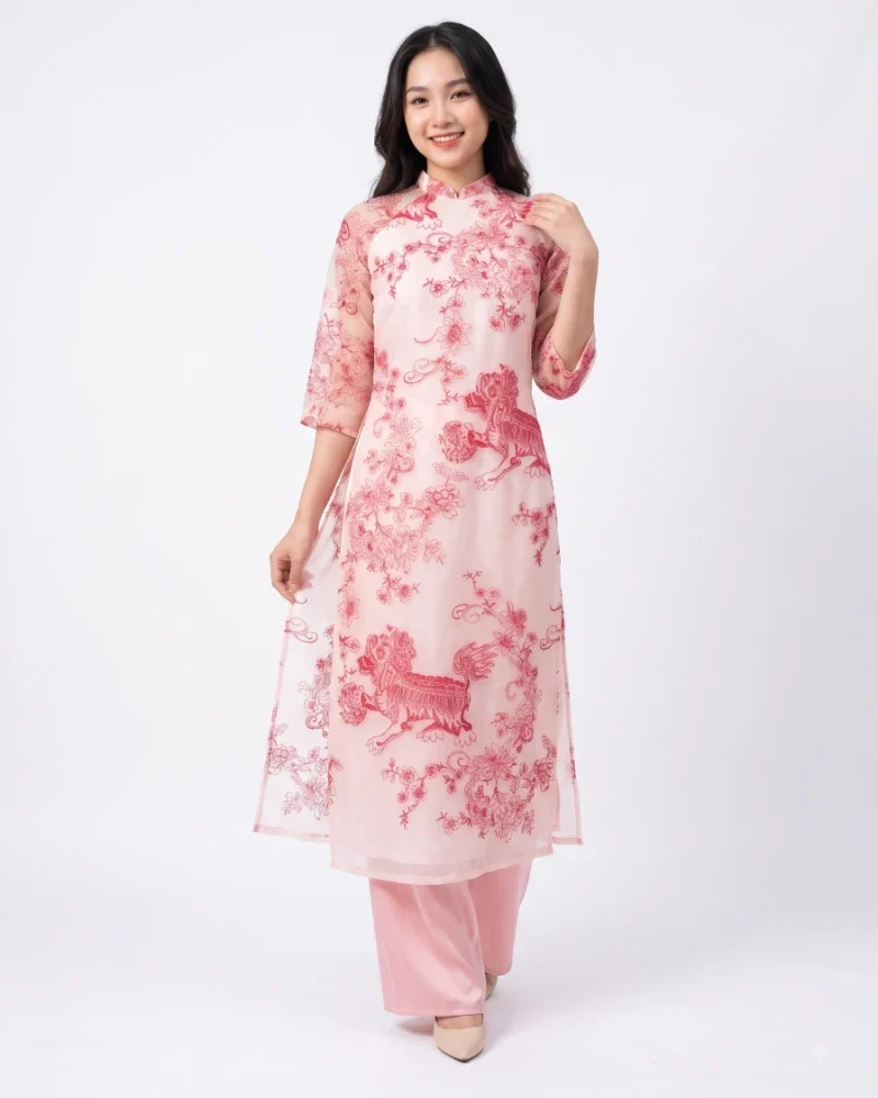 Áo Dài Cách Tân Tơ Hồng Phấn Họa Tiết Kỳ Lân
