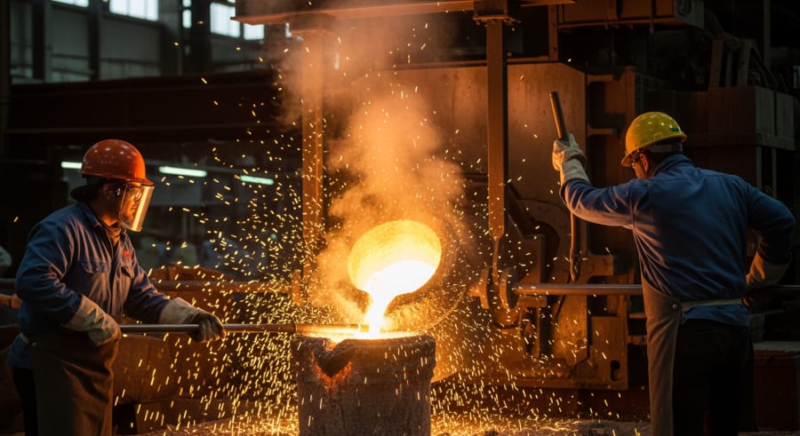 Workers refining platinum in a smelting facility