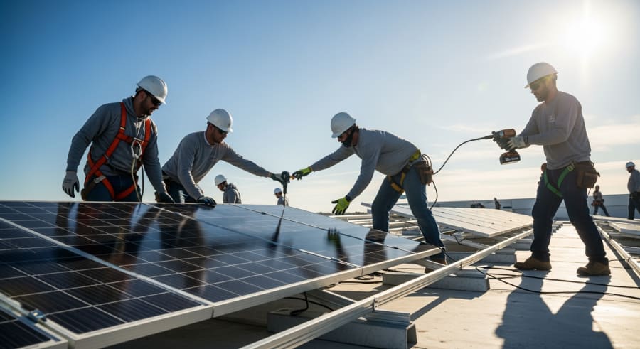 Workers installing solar panels on Johnson Space Center rooftop