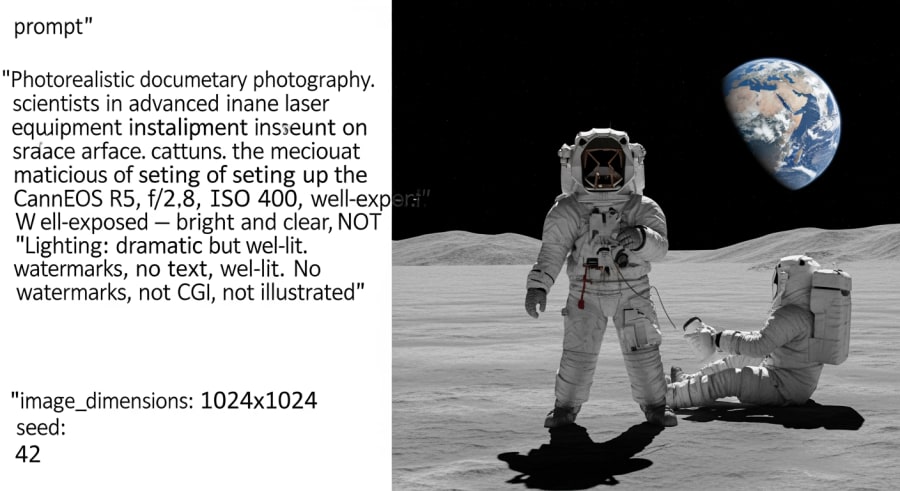 Scientists in lunar suits installing laser equipment on Moon