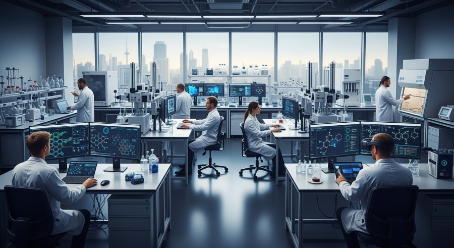 Lab with chemists using AI-powered workstations for chemical research