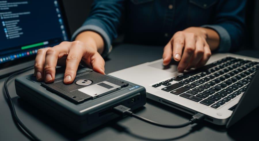 Leontien Talboom using floppy disk reader for data extraction