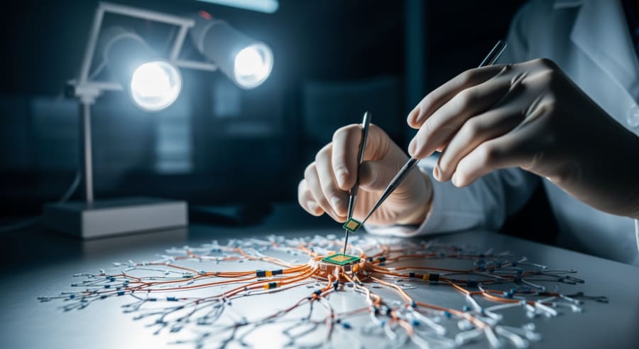 Technician implanting brain-computer chip in neural model