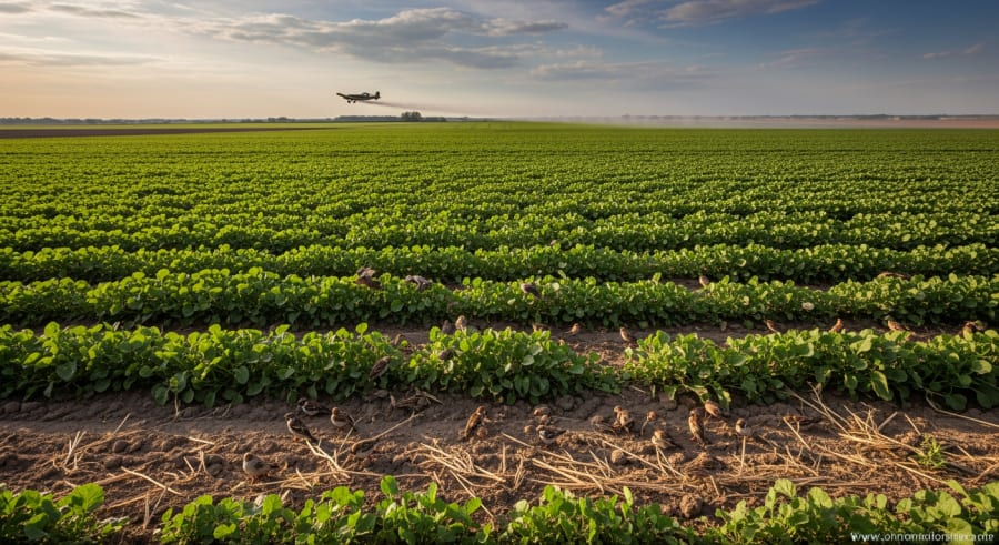 Agricultural landscape showing pesticide use and affected wildlife