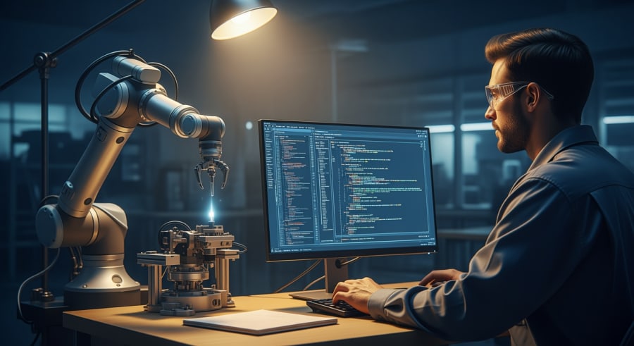 Human engineer programming AI in robot with display of complex algorithms and code