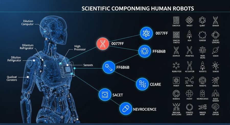 Component diagram of AI-powered humanoid robot with labeled sensors and actuators
