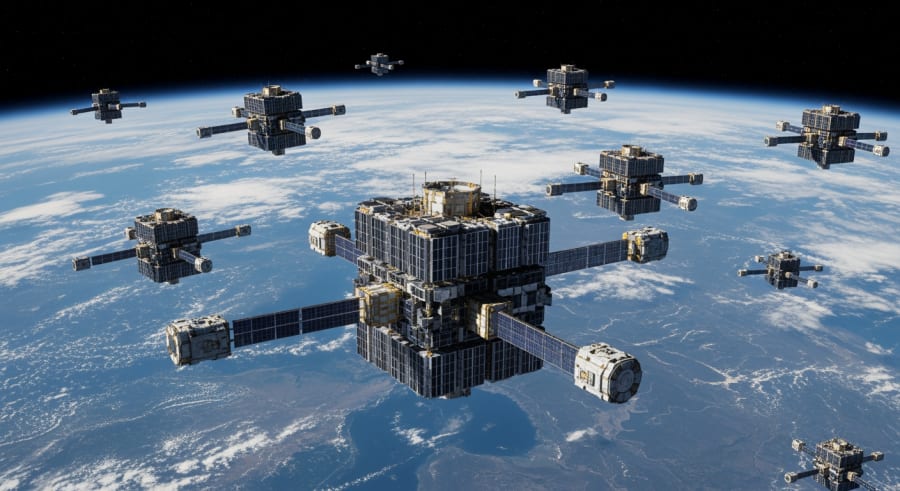 multiple space-based data centers orbiting Earth illustrating scale and distribution