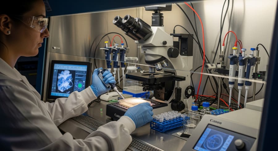 Scientist reprogramming cells with advanced instruments