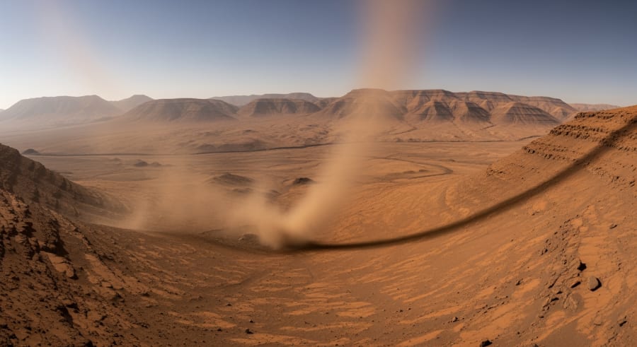 Large Martian dust devil in Mamers Valles with sunlight and shadows