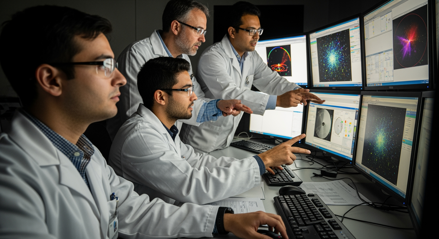 scientists analyzing cosmic ray data on computer screens in a control room