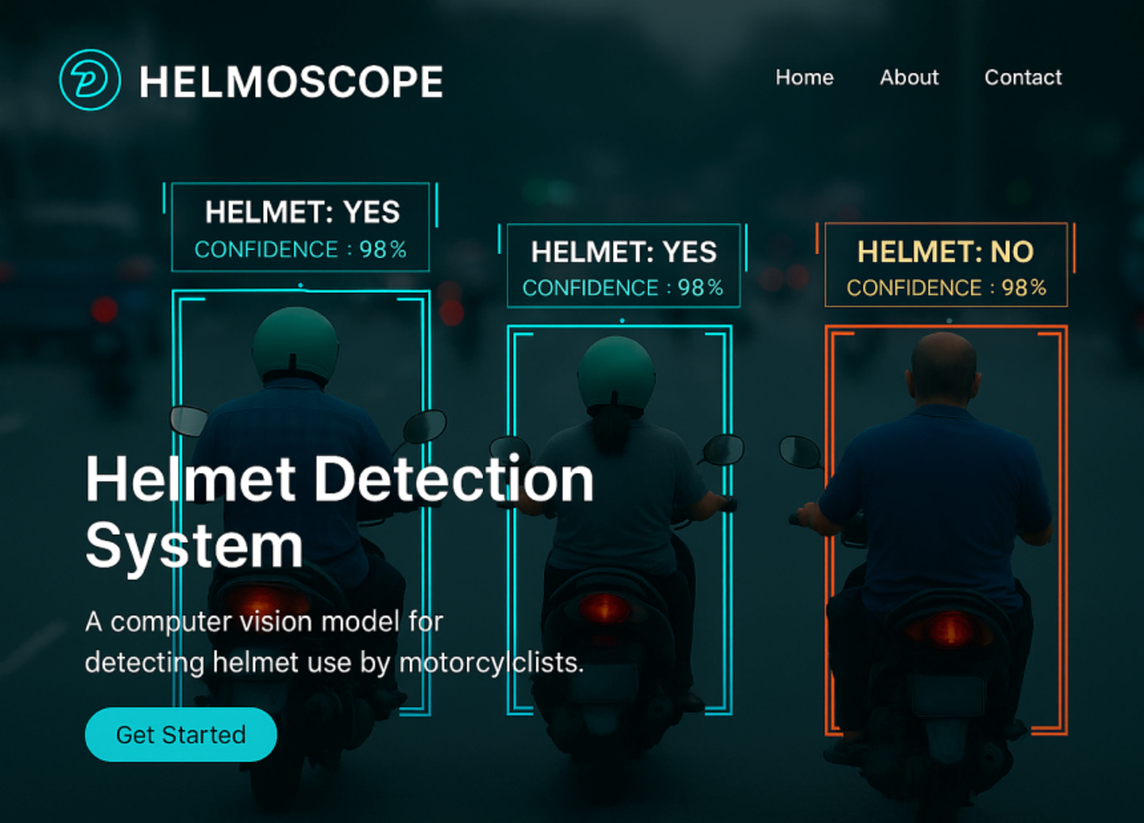Safety tech interface with helmet detection status and 'Get Started' prompt.