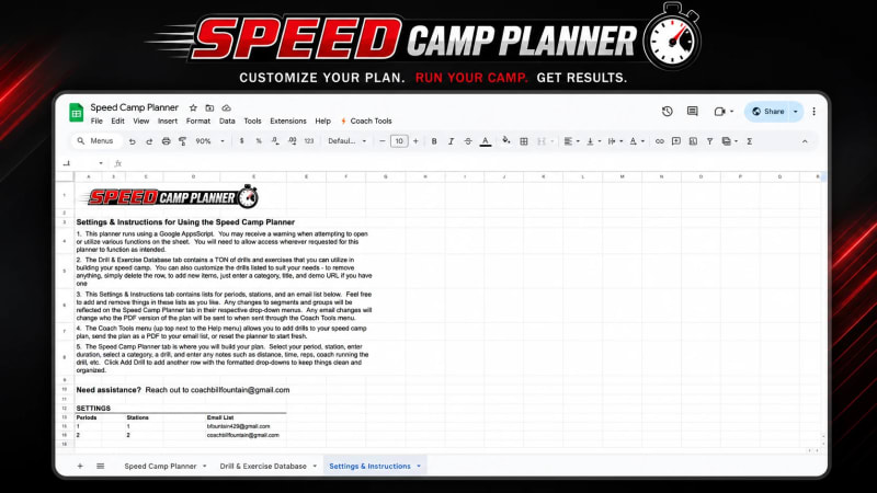Speed Camp Planner customizable settings page screenshot