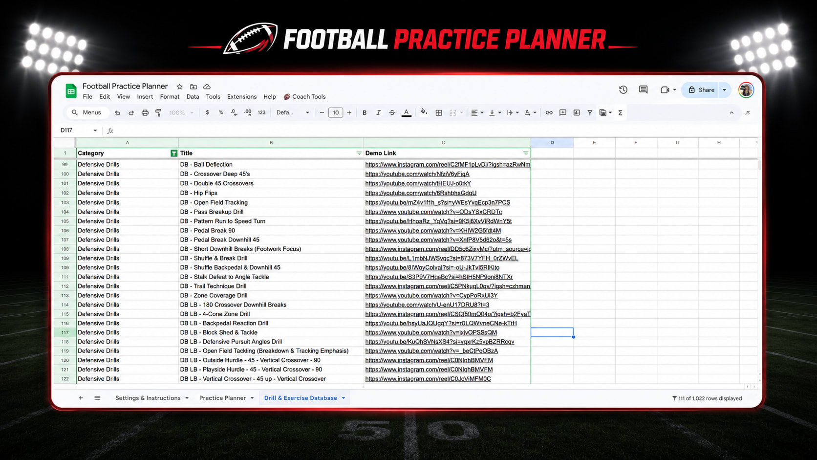 Football drill database screenshot