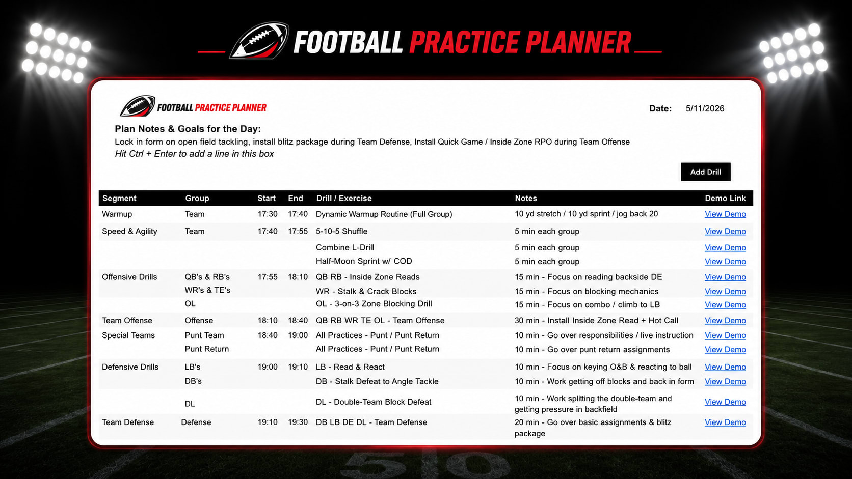 Printable football practice PDF screenshot