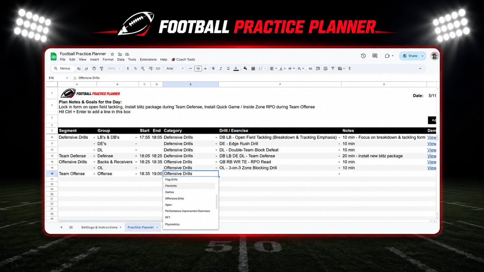 Football practice planner schedule screenshot