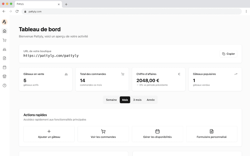 Dashboard principal de gestion pour pâtissiers - Logiciel de gestion cake designers