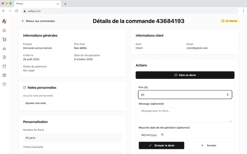 Interface de devis pour cake designers - Logiciel devis pâtisserie