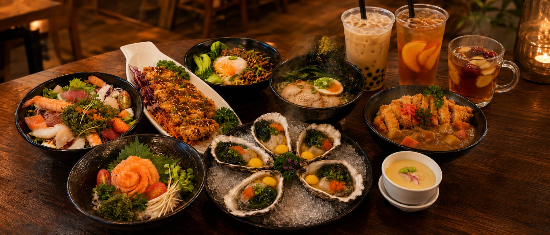 Bàn ăn tại KANRI SUSHI với các món Nhật–Hàn