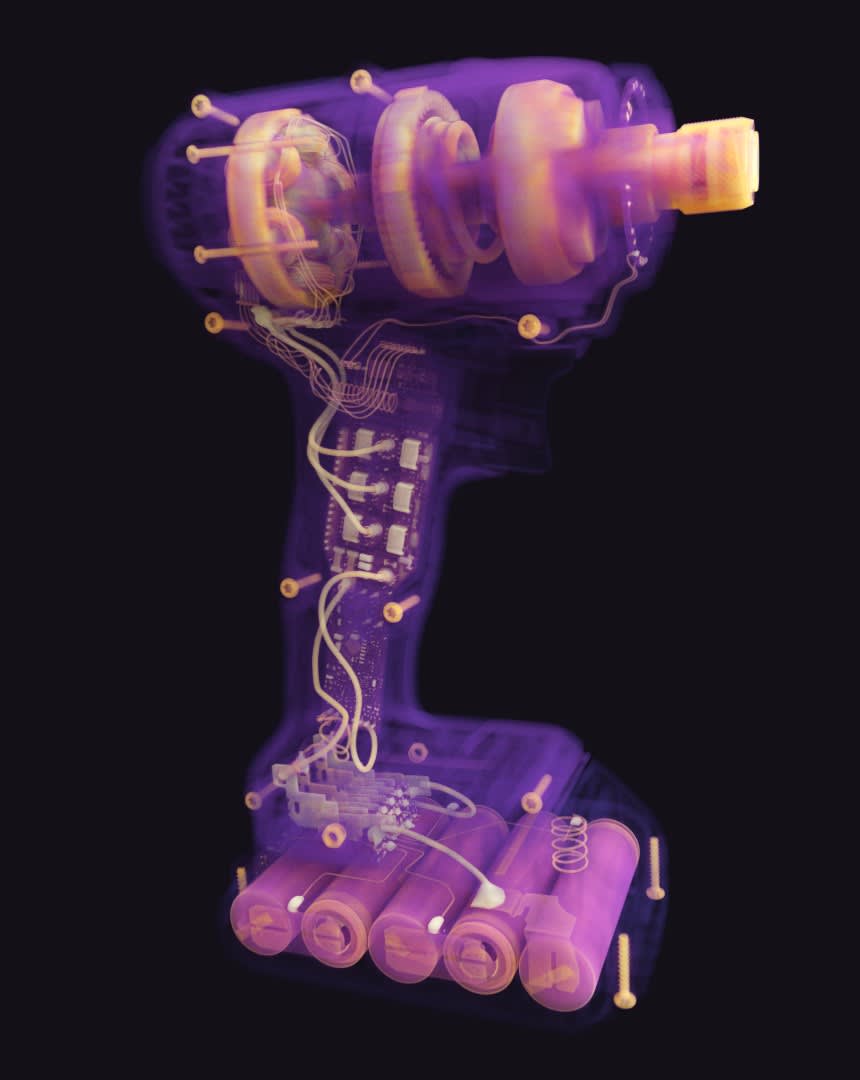 3D volume rendering of the inside of the same cordless drill reconstructed with Voxray QRT's geometry correction, showing screws, cables and battery cells