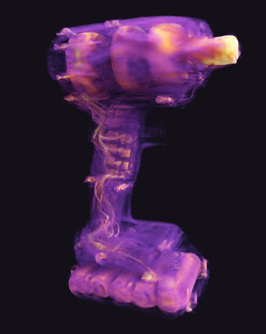3D volume rendering of the inside of the cordless drill reconstructed without geometry correction, with blurred parts