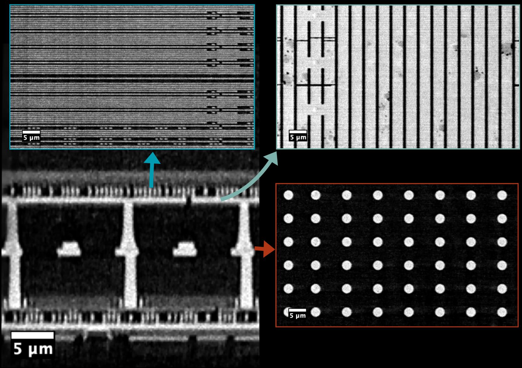 Horizontal CT slices through redistribution layers and bonding interface