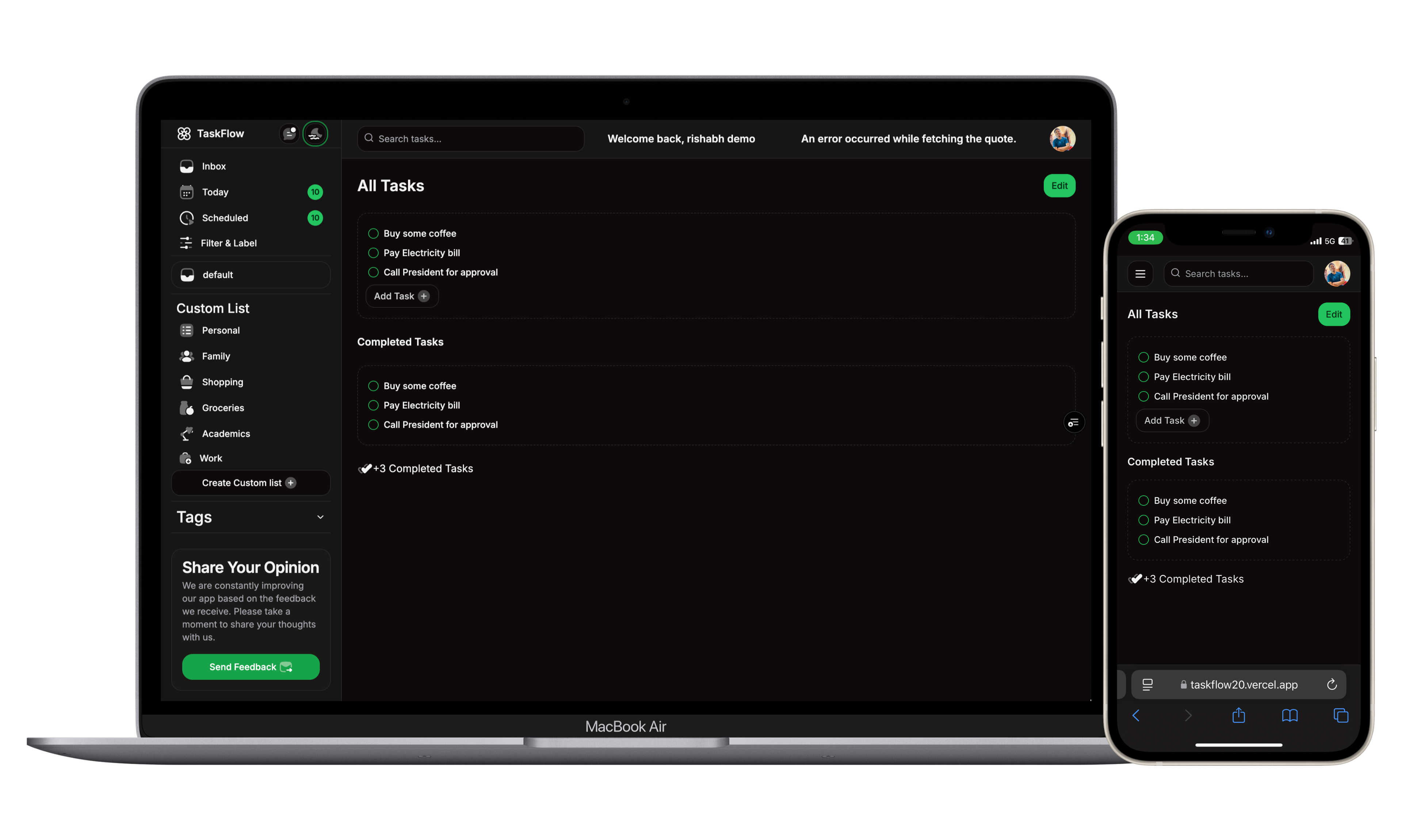TaskFlow Dashboard Dark