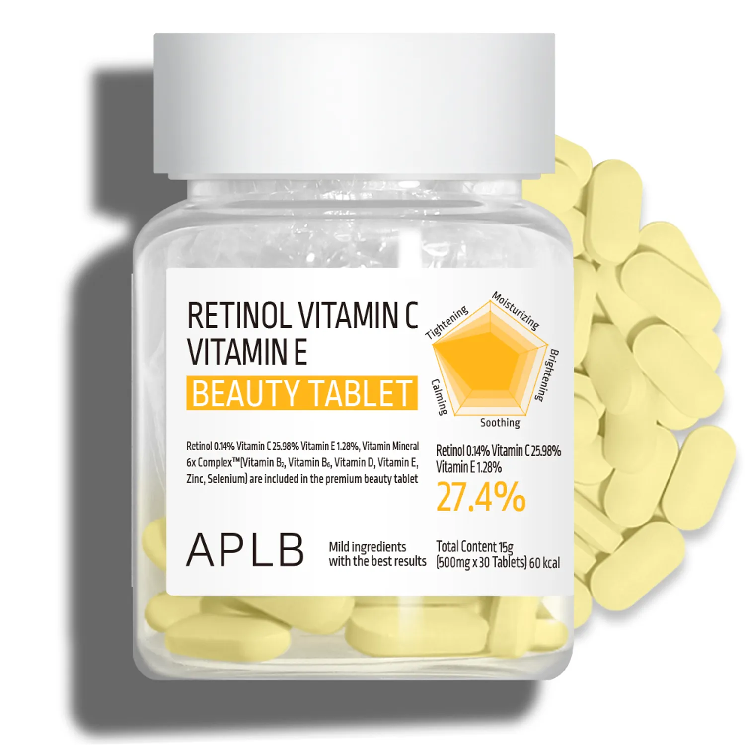 APLB Retinol Vitamin C Vitamin E Beauty Tablet 500mg × 30 Tablets