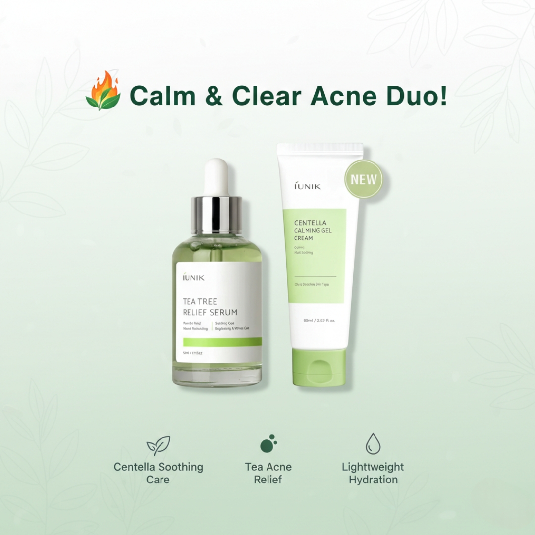 iUNIK Tea Tree Relief Serum 50ml + iUNIK - Centella Calming Gel Cream 60ml Combo 
