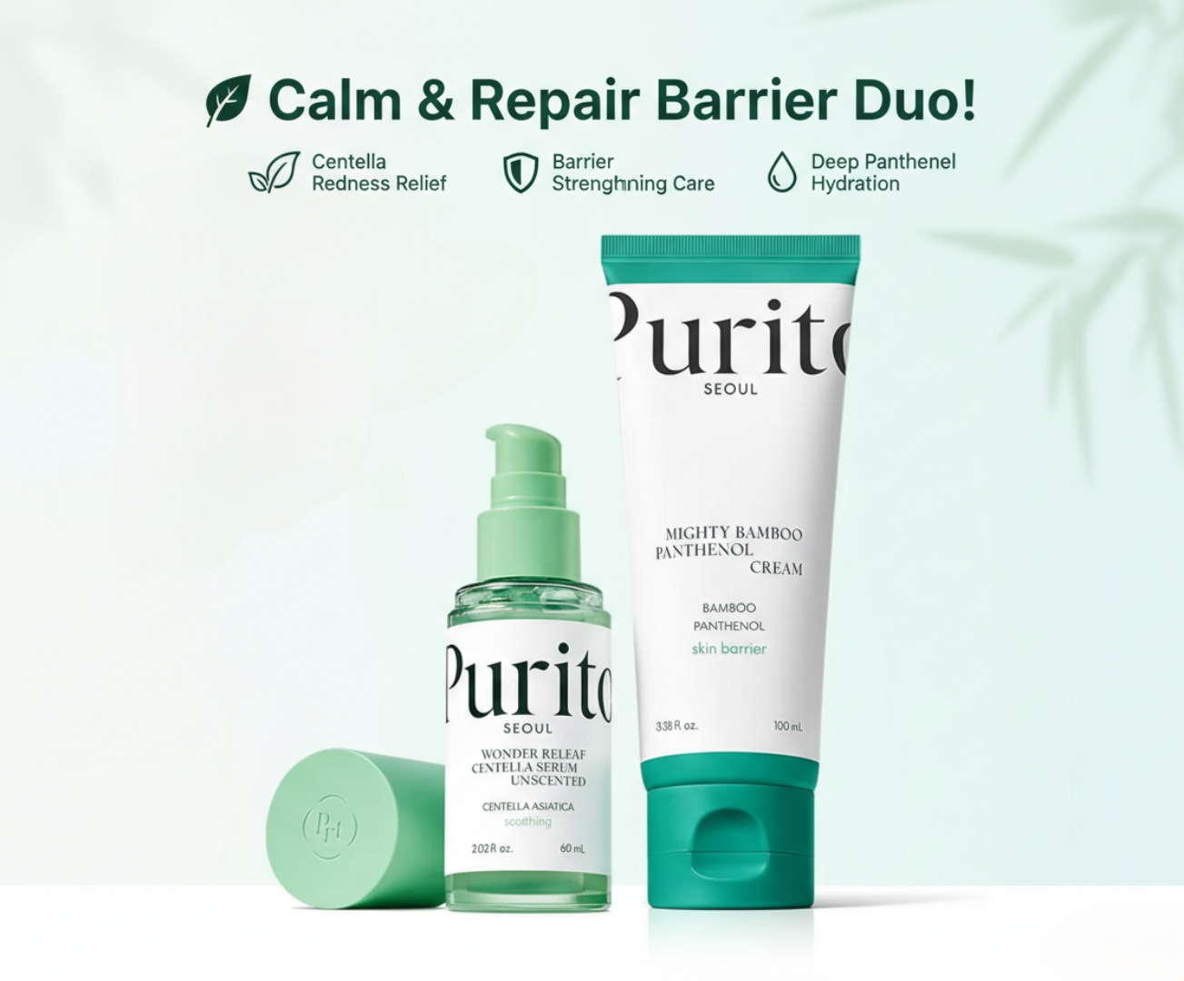 Purito SEOUL - Wonder Releaf Centella Serum Unscented 60ml + Purito SEOUL - Mighty Bamboo Panthenol Cream 100ml Combo 