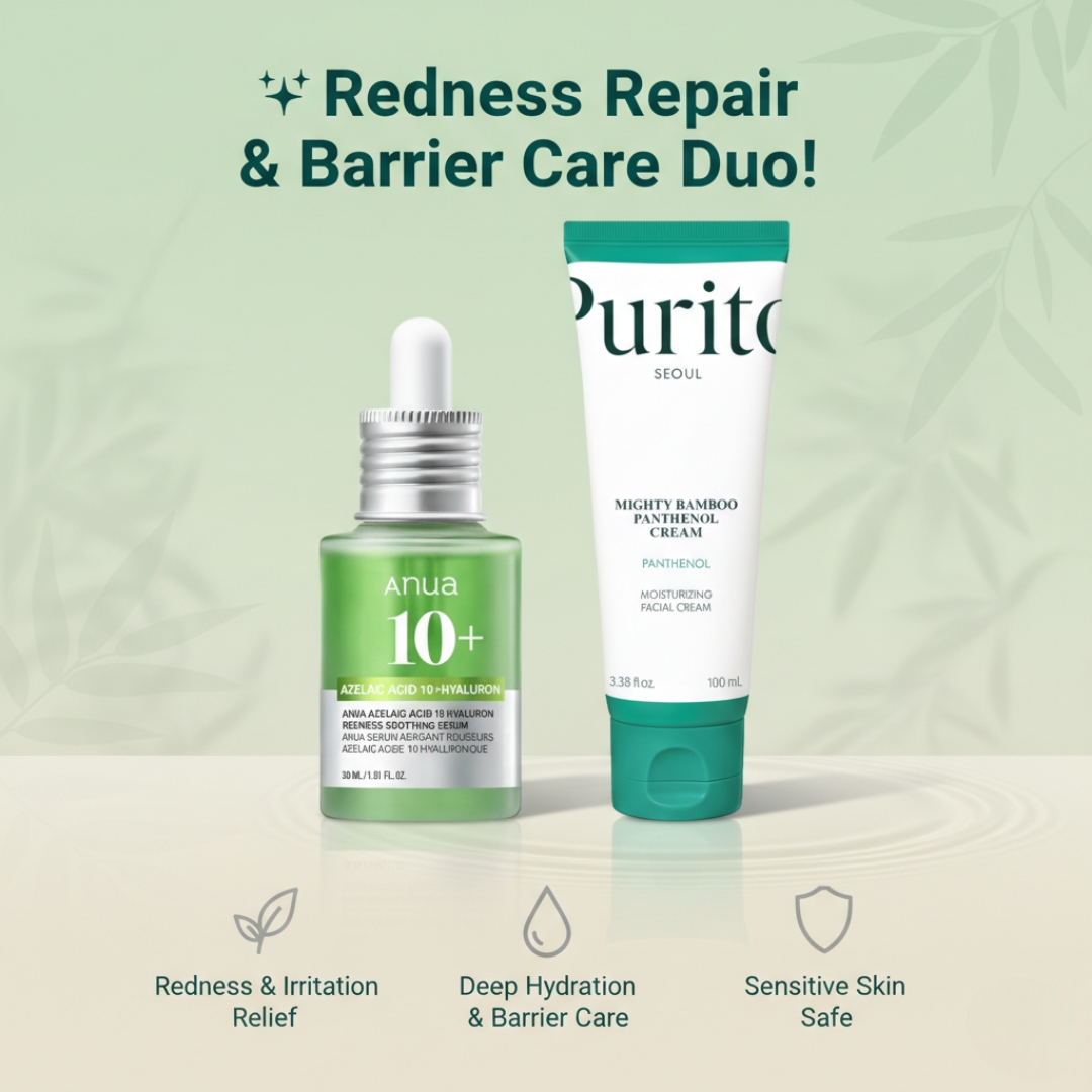 Anua - Azelaic Acid 10 Hyaluron Redness Soothing Serum 30ml + Purito SEOUL - Mighty Bamboo Panthenol Cream 100ml Combo 