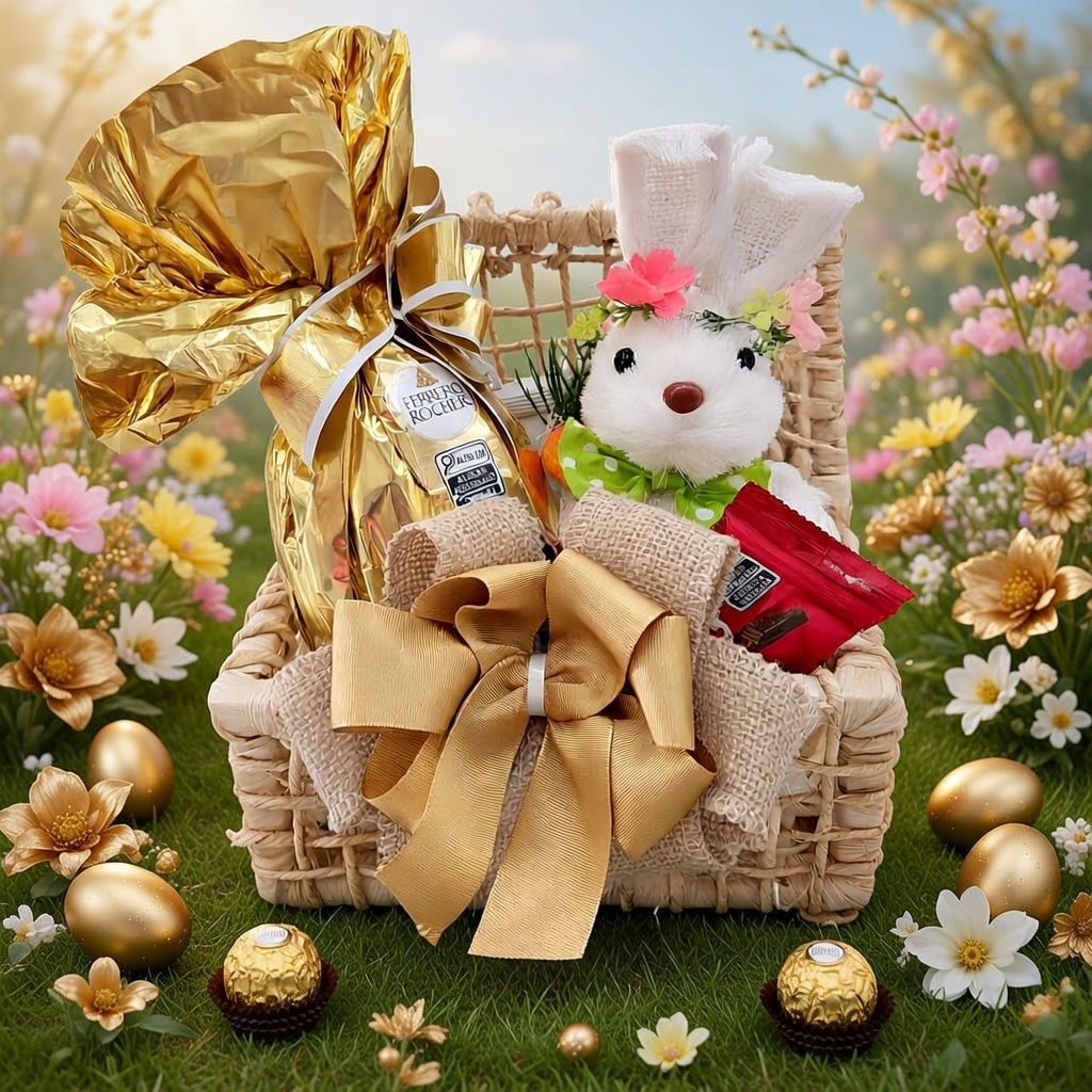 Cesta de Páscoa Dourada – Coelho de Pelúcia + Ferrero Rocher