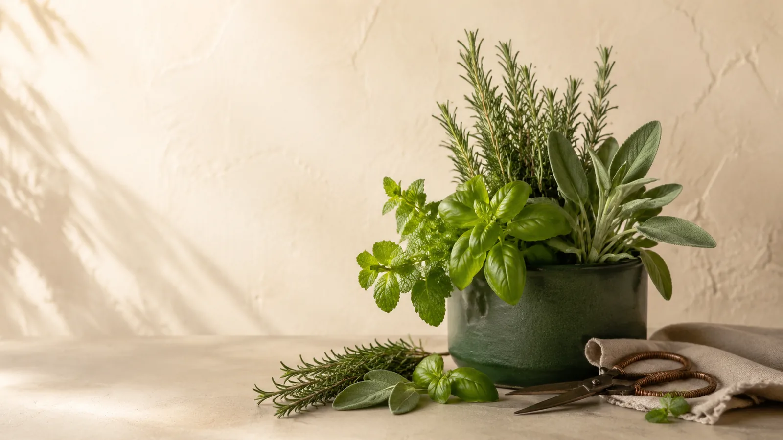 Basil, rosemary and sage growing in a green ceramic pot on a sunlit stone counter with garden snips