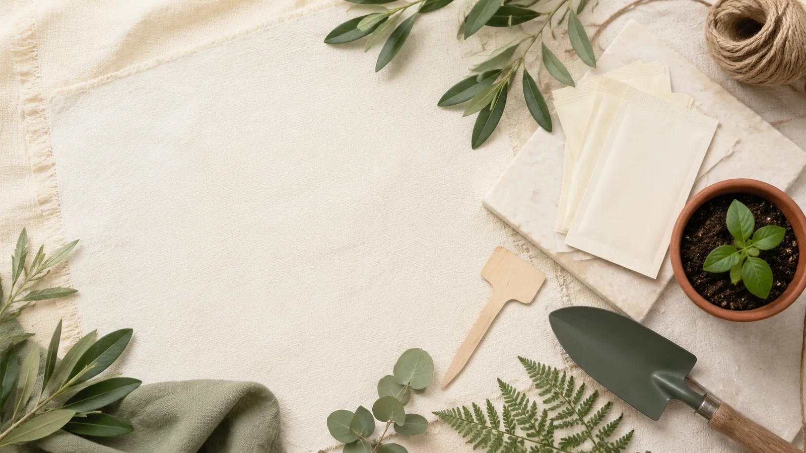Overhead flat lay of blank seed packets, a trowel, twine and a seedling on cream linen