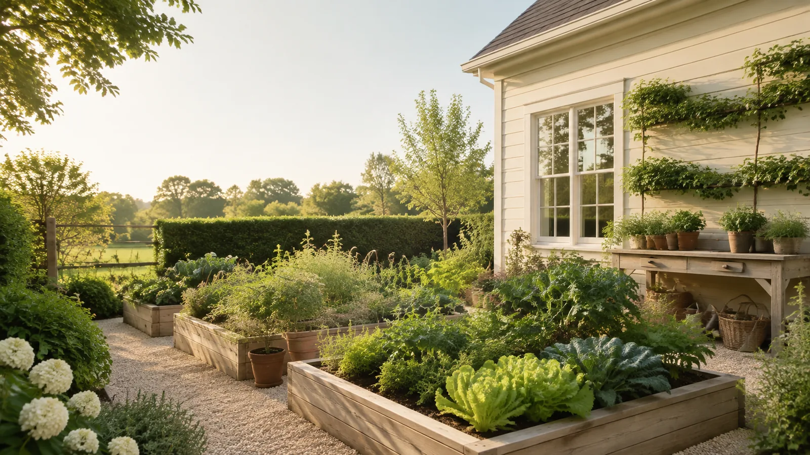 Cedar raised vegetable beds filled with lettuce and greens beside a farmhouse potting bench at sunrise