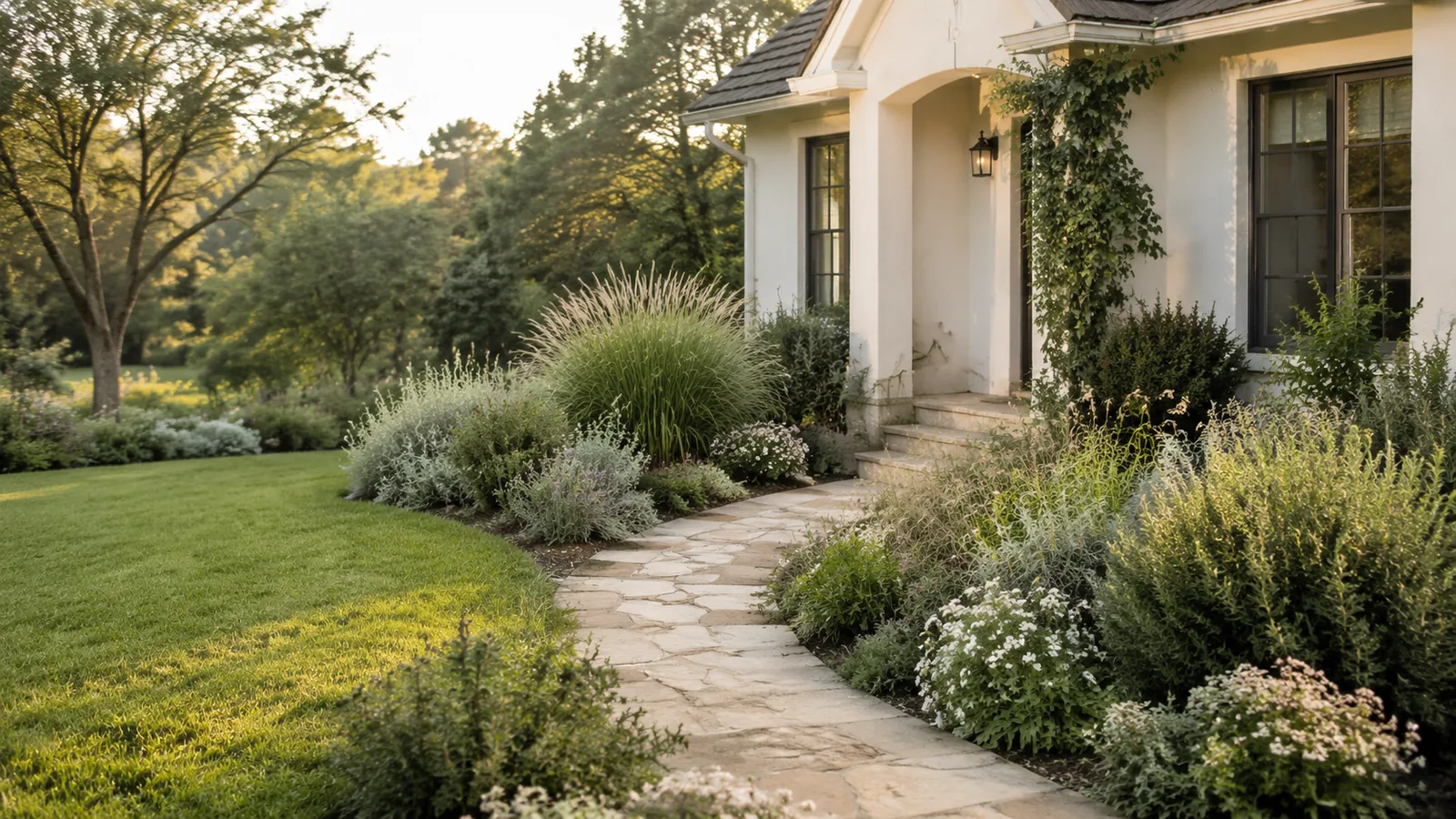 Flagstone front walkway edged with ornamental grasses and white perennials leading to a home entry