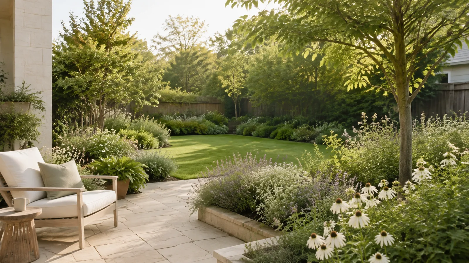 Stone backyard patio with cushioned seating overlooking a lawn and coneflower planting border