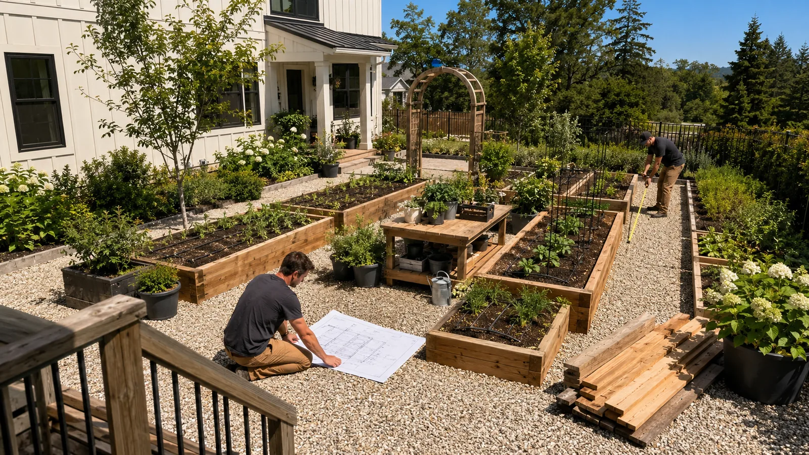 Gardener studying a layout plan on gravel among newly built cedar raised beds beside a farmhouse