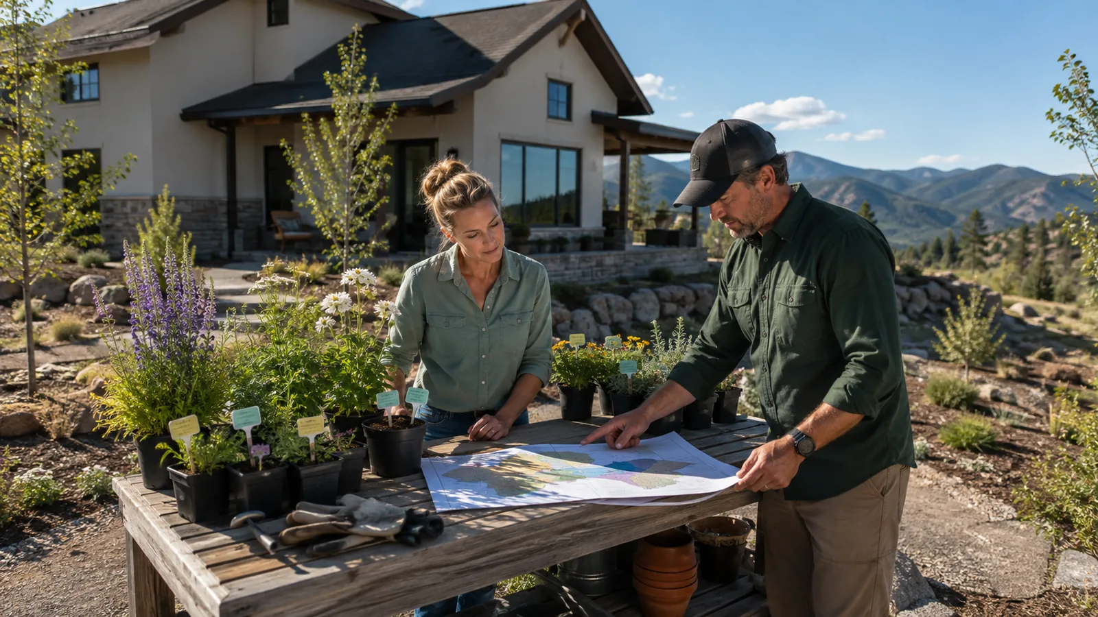 Landscape designer and homeowner reviewing a garden plan on an outdoor table surrounded by nursery pots