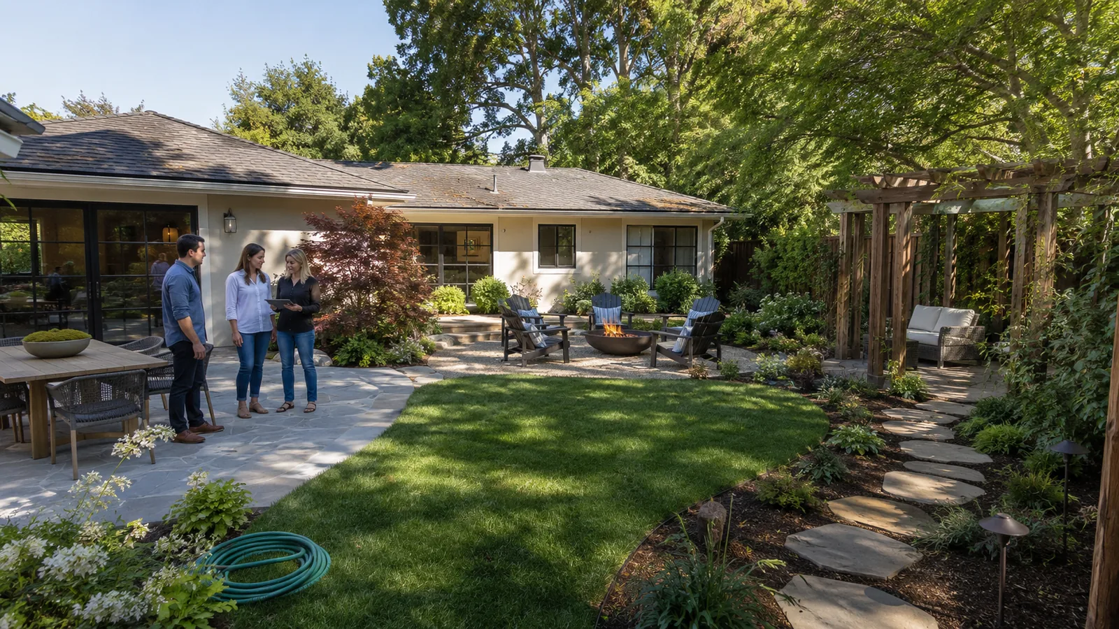 Backyard patio with fire pit, pergola seating and lawn as homeowners talk with a designer