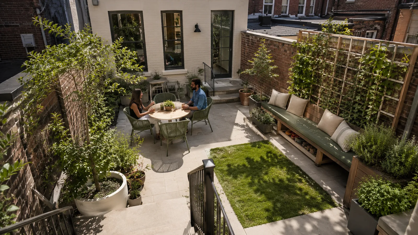 Small urban courtyard patio with a round dining table, built-in bench seating and potted herbs