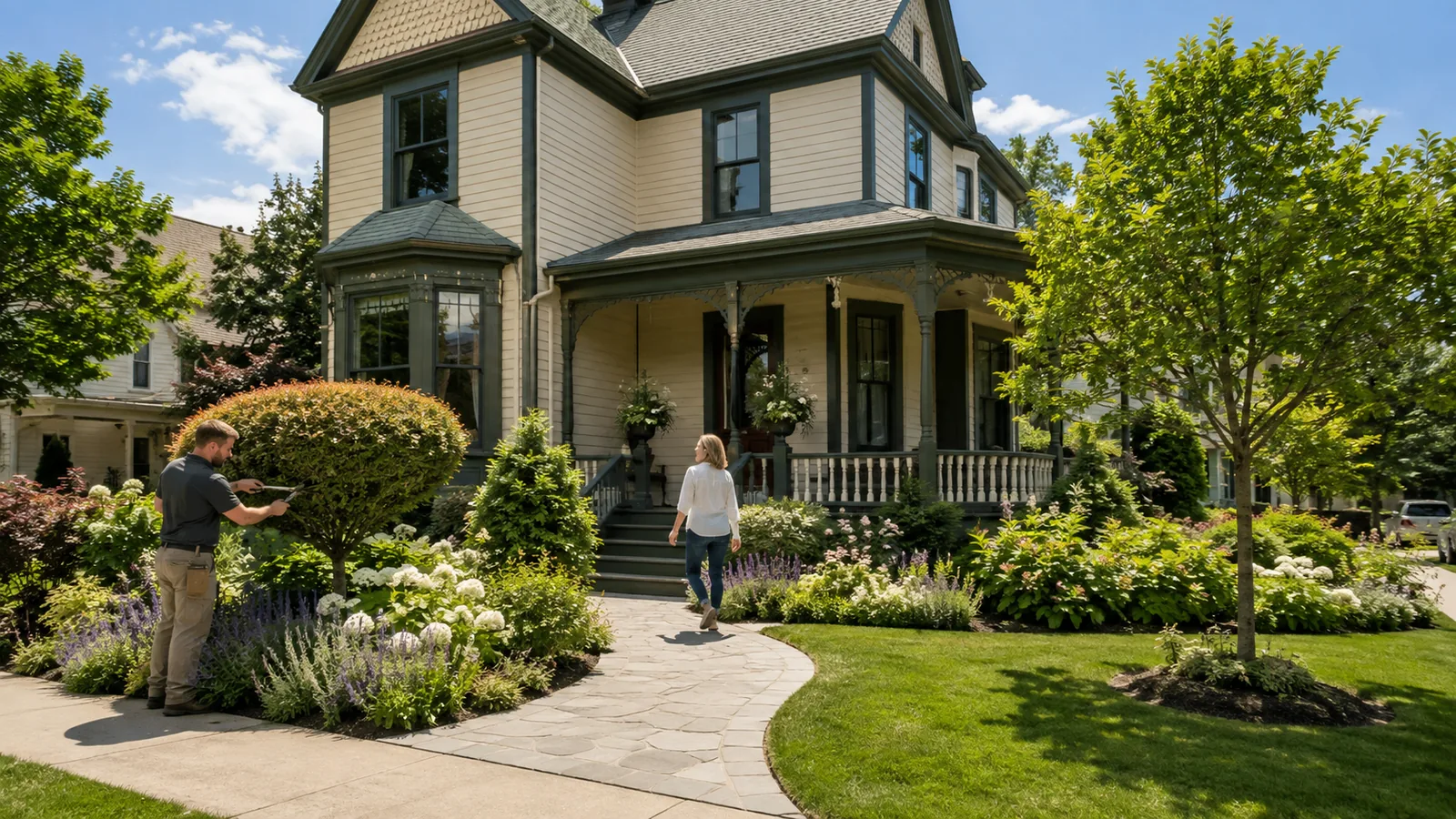 Front garden of a Victorian house with hydrangea and perennial borders along a stone walkway