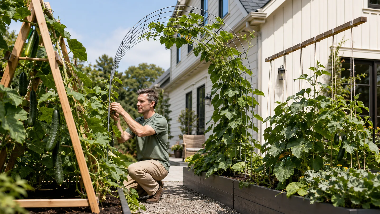 Gardener training cucumber vines on an arched trellis over a raised vegetable bed