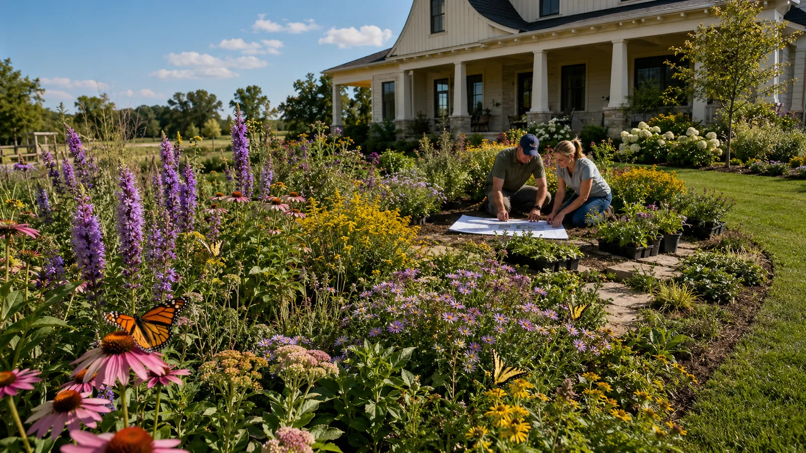Butterflies over a pollinator meadow border of coneflower and liatris in front of a farmhouse porch