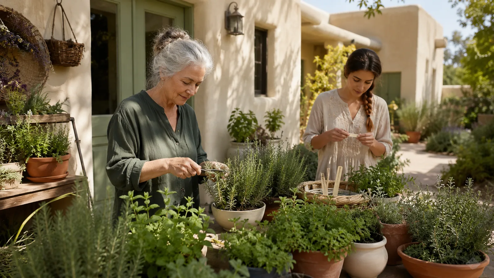 Two gardeners trimming rosemary and mint in terracotta pots in a sunny adobe courtyard